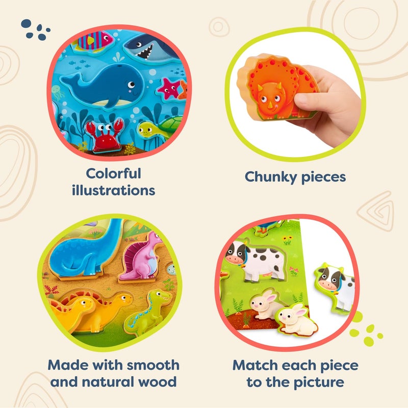 B. toys- Peek & Explore 3-Pack - Farm, Sea, Dinos- Chunky Puzzle 3-Pack - Wooden Puzzles- 8 Pieces Each - 2 Years + - Image 5